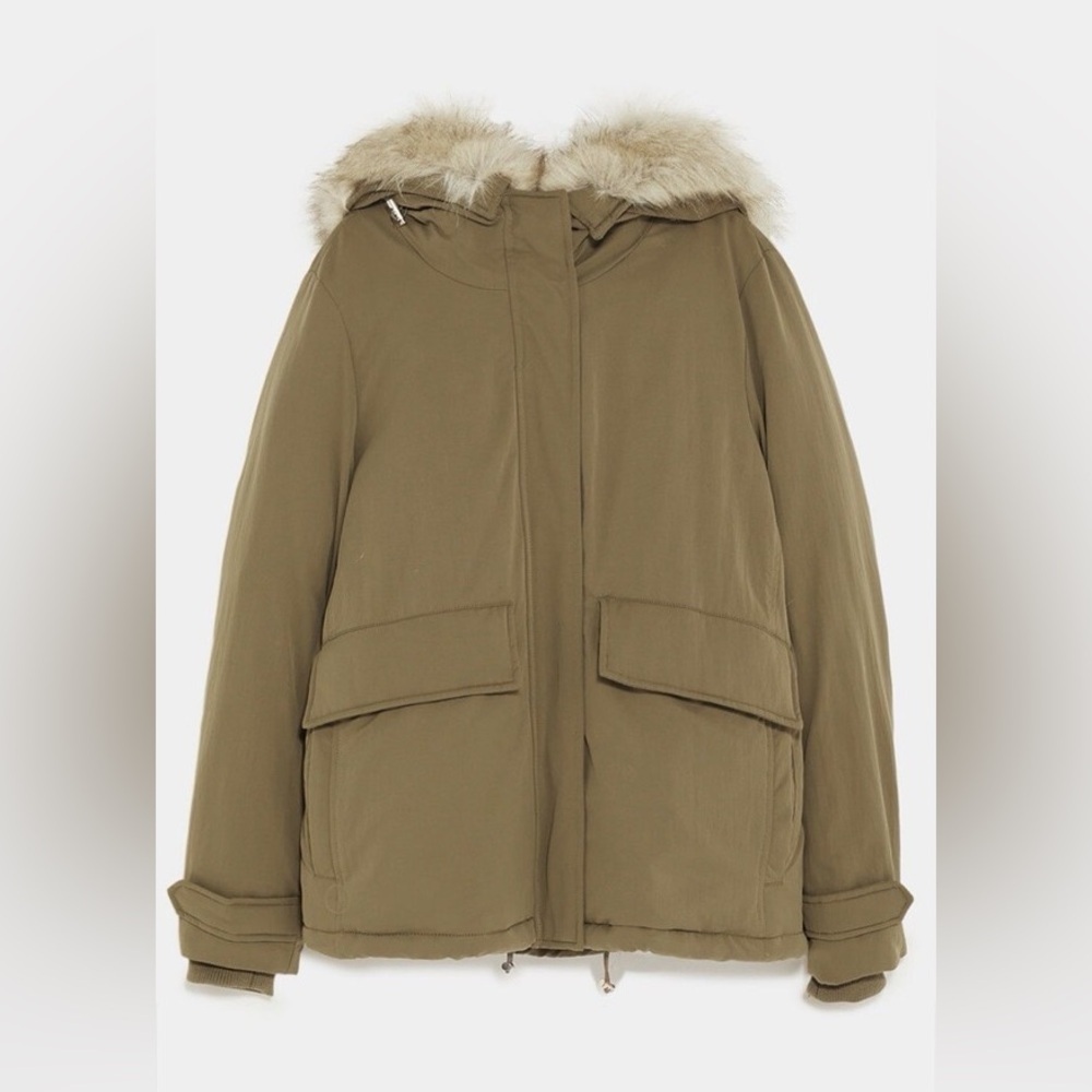 Zara Puffer Parka Coat Hooded Jacket With Faux Fur Trim